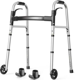 Folding Walkers for Seniors with 2 Skis and 5" Wheels, Lightweight Adult Rolling Walker, Supports Up to 350 Pounds, Adjustable Height