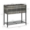 Portable Steel Raised Garden Bed, Rattan Look with Legs and Tool Shelf, for Herbs Vegetables Flowers, Gray