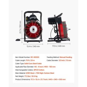Drain Cleaner Machine 75 FT X 1/2 Inch, Sewer Snake Auger Manual Feed With 4 Cutters & Air-activated Foot Switch For 2" To 6" Pipes (Option: Black)