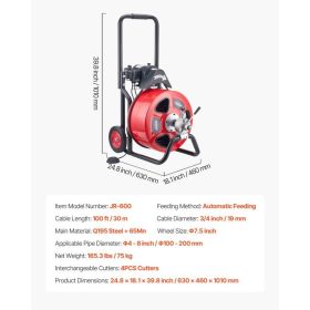 Drain Cleaner Machine 100 FT X 3/4 Inch, Auto Feed Sewer Snake Auger On Wheels, Portable Drain Cleaning Machine With 4 Cutters & Air-activated Fo (Option: Black)
