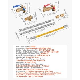 Water Heater Kit, 3/4 Inch Cold & Hot Water Plumbing Repair Kit With 600 WOG Isolation Valves, Pressure Relief Valve, Dual-Layer Gas Hose, Compat (Option: Black)