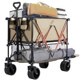 450lbs Large Capacity Garden Hand Truck - 54in Extra-long Folding Double-layer Cart with Brakes & 7in All-terrain Wheels (Color: Brown)