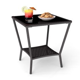 PPL Square Outdoor Patio Side Table with Glass Top - Durable Rattan & Metal Frame, Compact Wicker End Table with Storage Shelf for Garden, Balcony (Color: Brown)