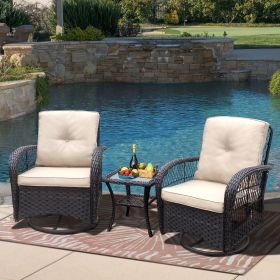 360-Degree Patio Wicker Swivel Rocker Chairs Set; Outdoor Rattan Rocking Bistro Sets with Cushions and Table; Dark Brown (Color: Brown) 360-Degree Patio Wicker Swivel Rocker Chairs Set; Outdoor Rattan Rocking Bistro Sets with Cushions and Table; Dark Brown (Color: Brown)