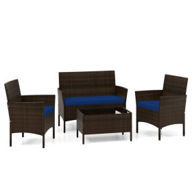 4 Piece Patio Rattan Conversation Set with Cozy Seat Cushions (Color: Navy) 4 Piece Patio Rattan Conversation Set with Cozy Seat Cushions (Color: Navy)
