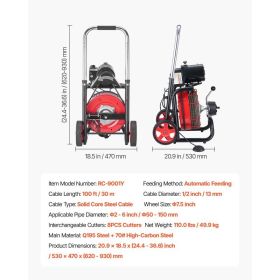 Drain Cleaner Machine 100 FT X 1/2 Inch, Auto Feed Sewer Snake Auger On Wheels - With 8 Cutters & Air-Activated Foot Switch For 2" To 6" Pipes (Option: Black)
