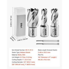Annular Cutter Set, 5 Pcs Weldon Shank Mag Drill Bits Kit, 1" Cutting Depth, 1/2", 5/8", 1" Cutting Diameter, HSS, 3 Drill Bits With 2 Pilot Pins (Option: Black)