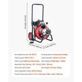 Drain Cleaner Machine 100 FT X 3/8 Inch, Auto Feed Sewer Snake Auger On Wheels, Portable Drain Cleaning Machine With 4 Cutters & Air-activated Fo (Option: Black)